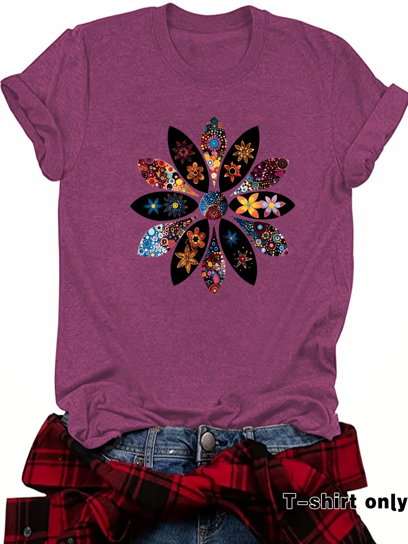 Bohemian Short Sleeve Cotton T-shirt With Flowers Pattern Featuring Printing Technique