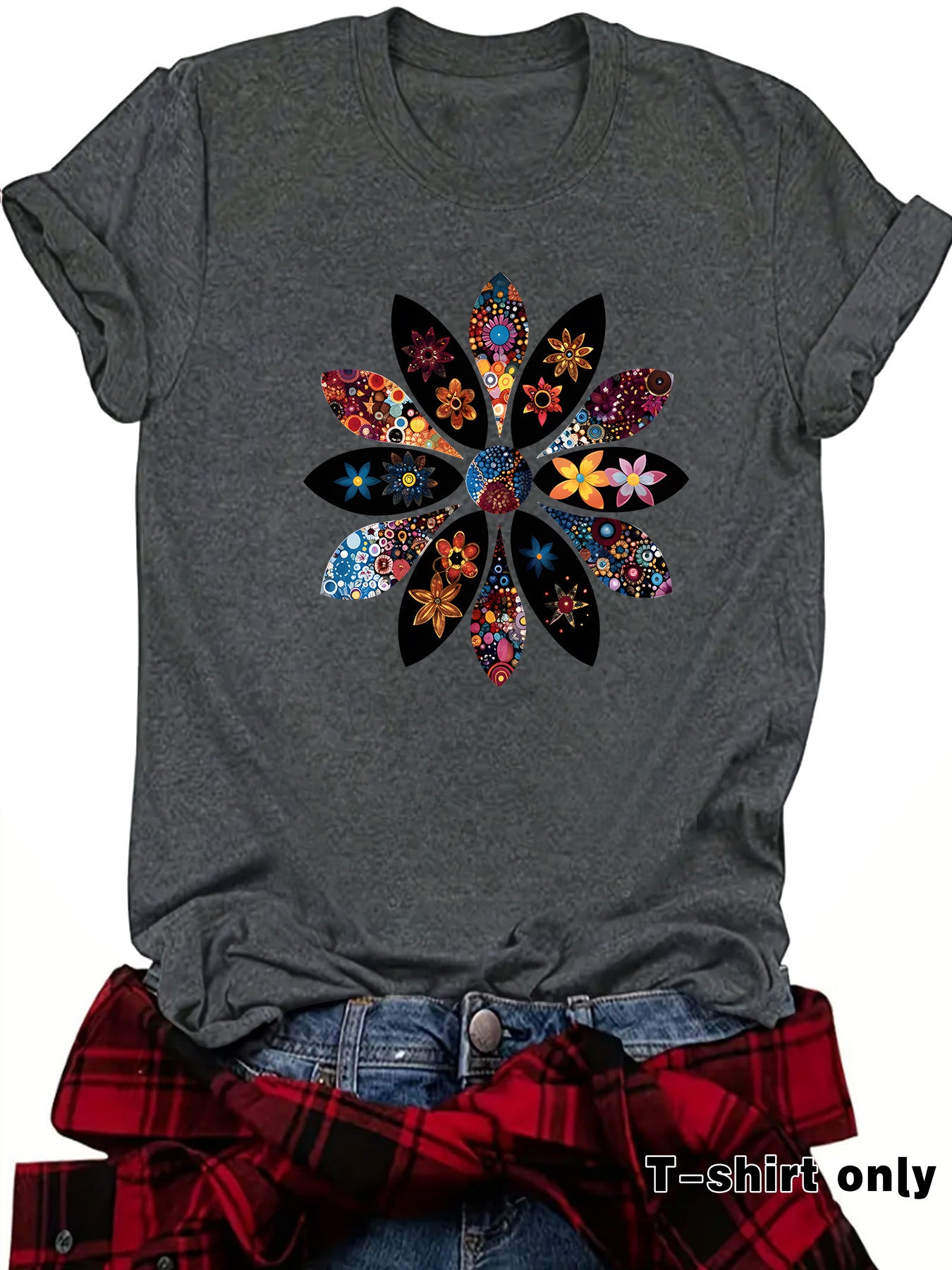 Bohemian Short Sleeve Cotton T-shirt With Flowers Pattern Featuring Printing Technique