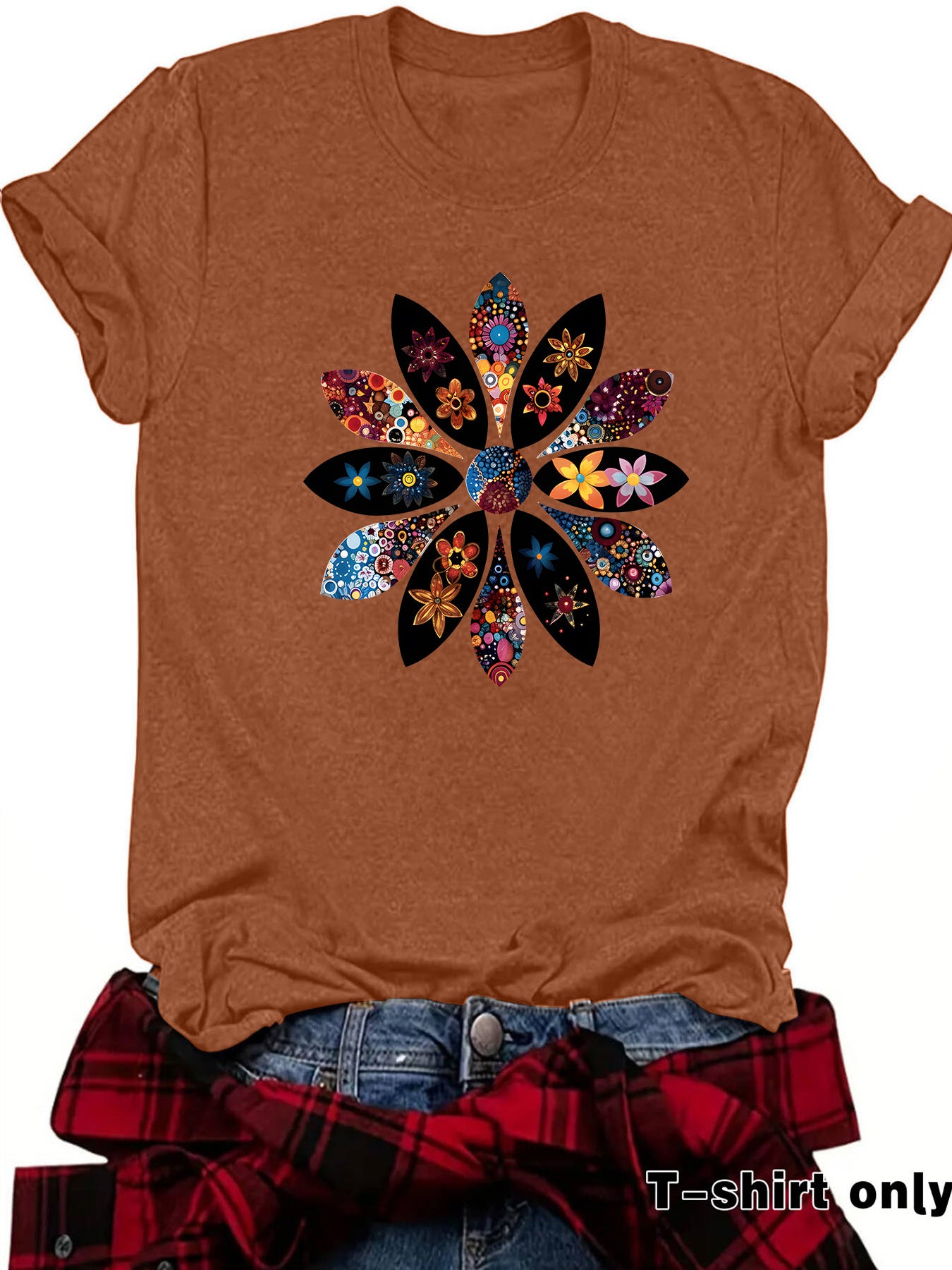 Bohemian Short Sleeve Cotton T-shirt With Flowers Pattern Featuring Printing Technique