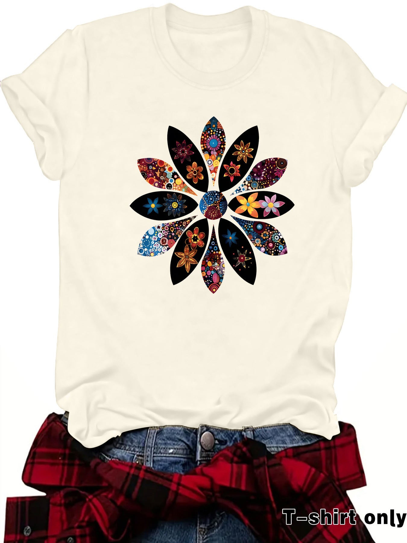 Bohemian Short Sleeve Cotton T-shirt With Flowers Pattern Featuring Printing Technique