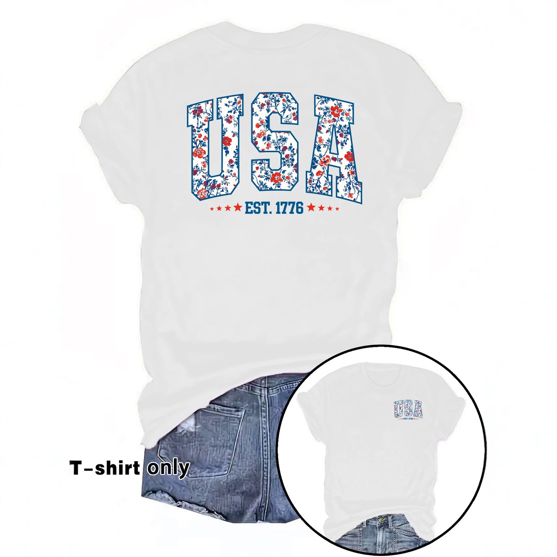 American Flag Casual Short Sleeve T-shirt For Women In Cotton Featuring Printing