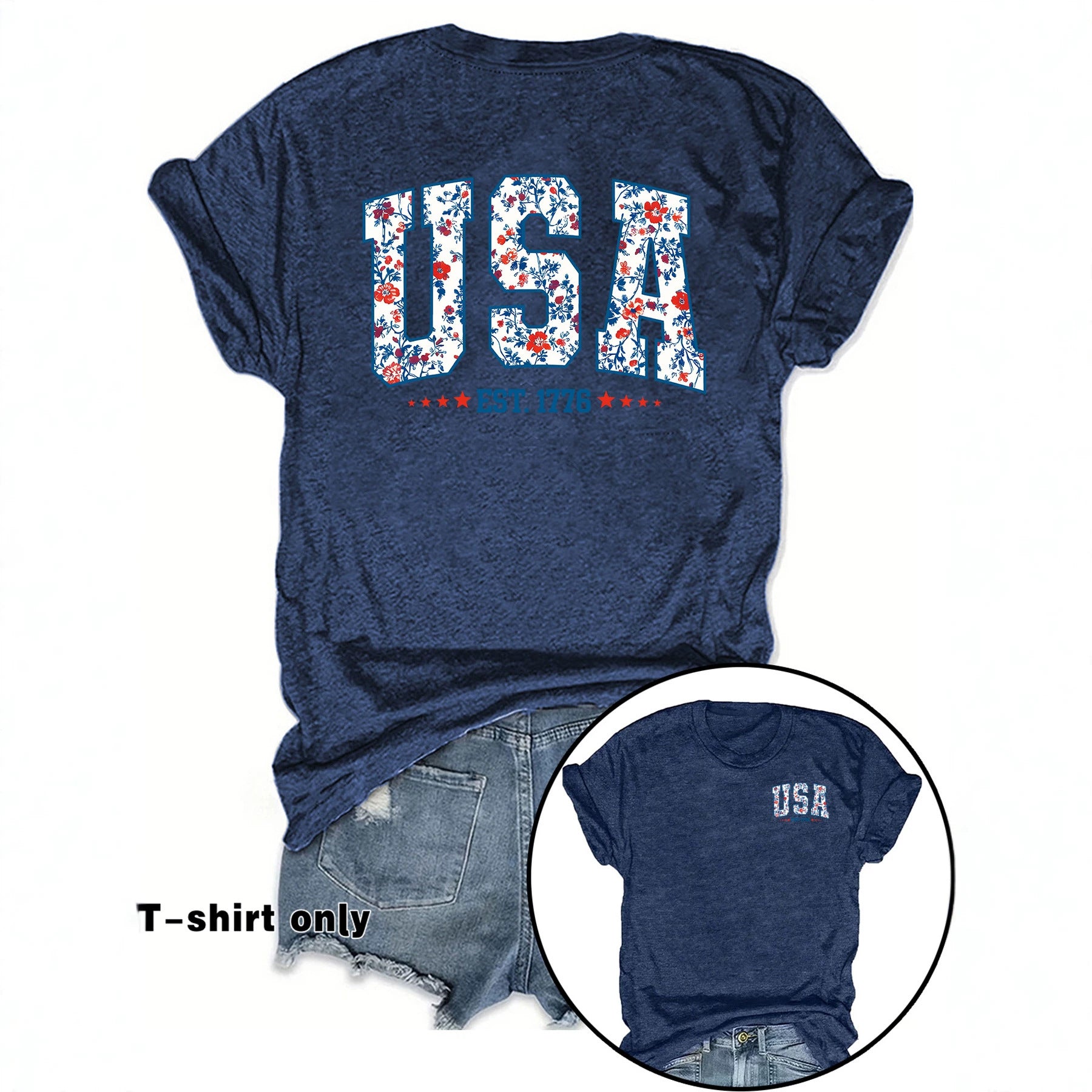 American Flag Casual Short Sleeve T-shirt For Women In Cotton Featuring Printing