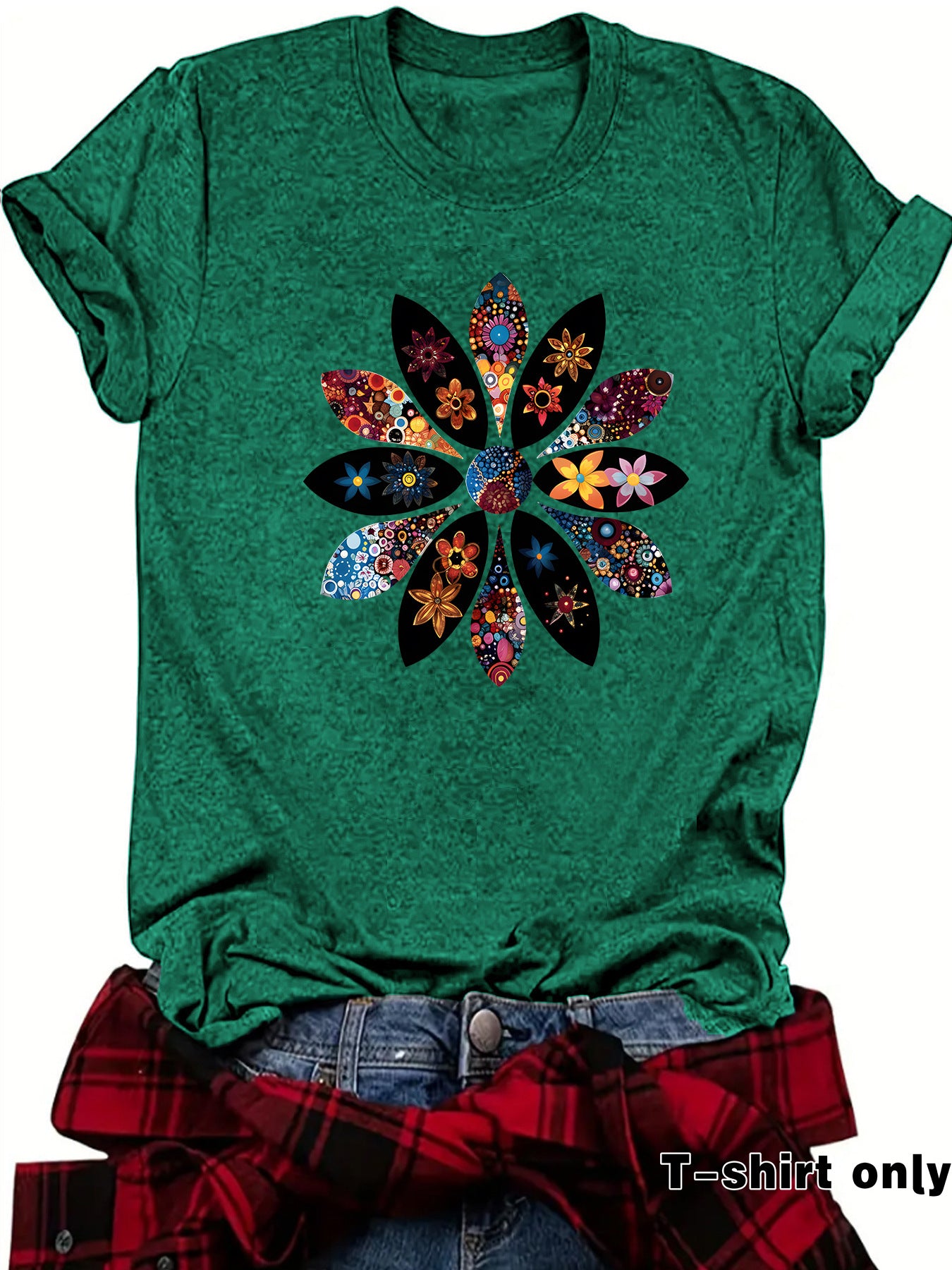 Bohemian Short Sleeve Cotton T-shirt With Flowers Pattern Featuring Printing Technique