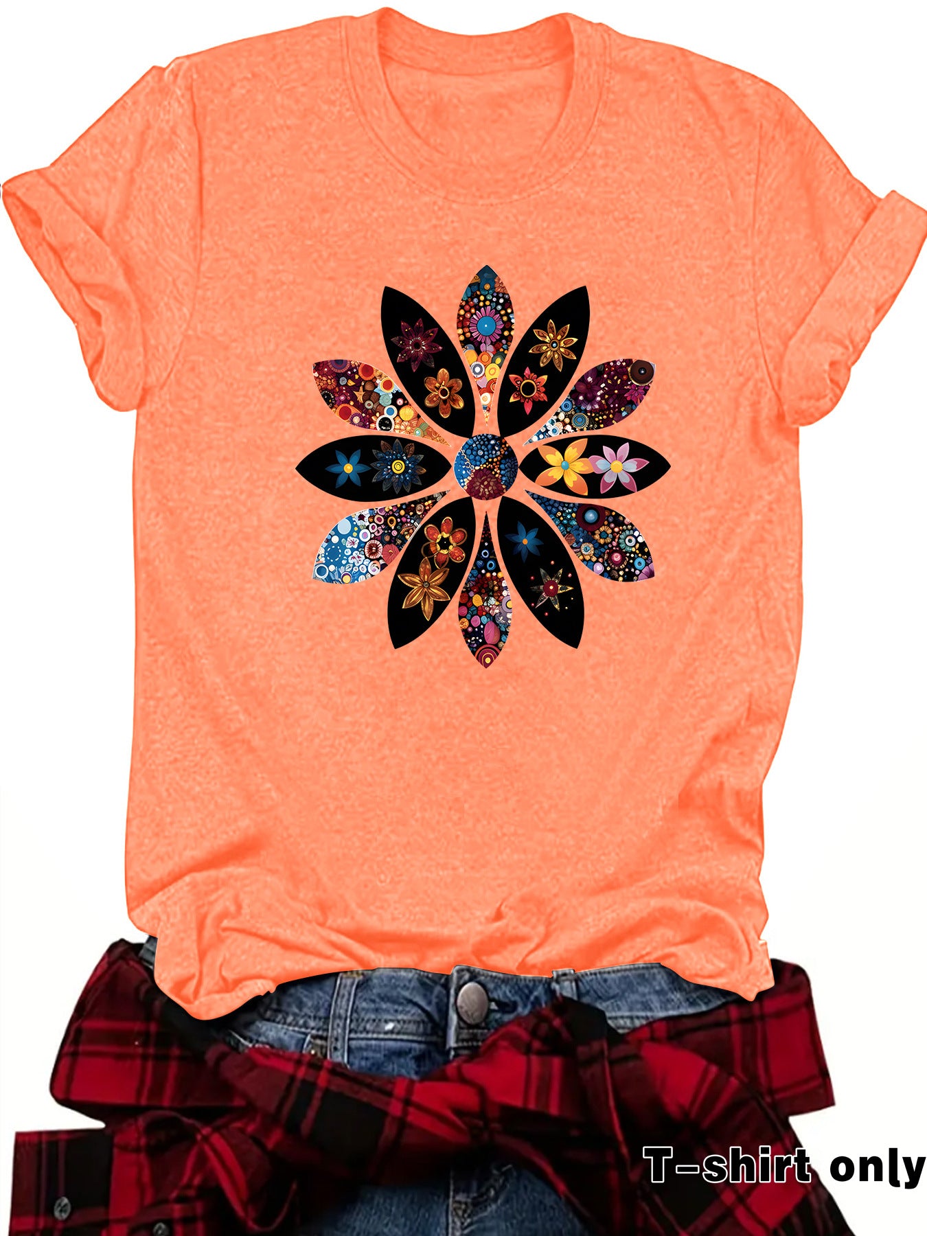 Bohemian Short Sleeve Cotton T-shirt With Flowers Pattern Featuring Printing Technique