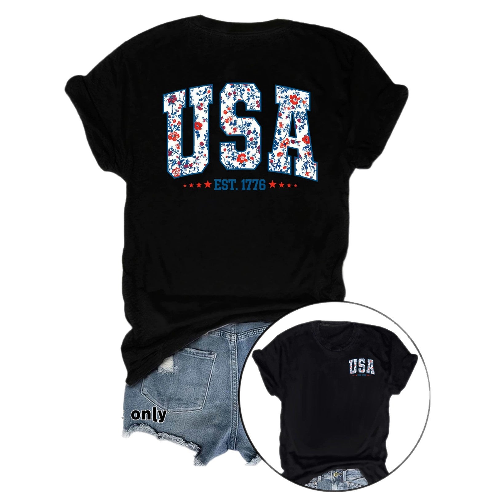 American Flag Casual Short Sleeve T-shirt For Women In Cotton Featuring Printing