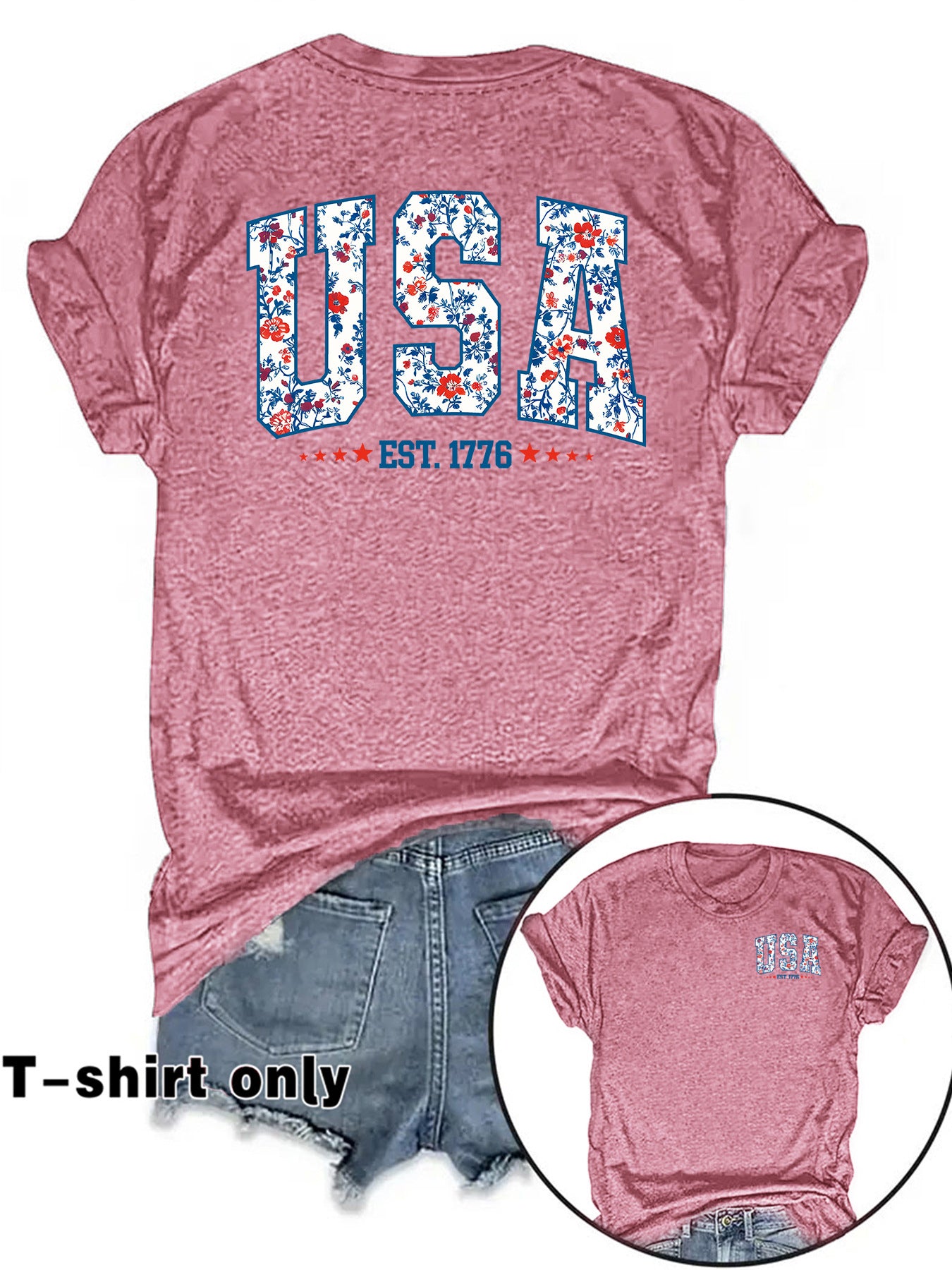 American Flag Casual Short Sleeve T-shirt For Women In Cotton Featuring Printing