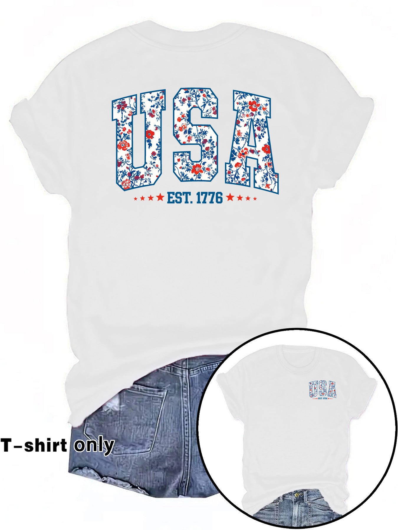 American Flag Casual Short Sleeve T-shirt For Women In Cotton Featuring Printing