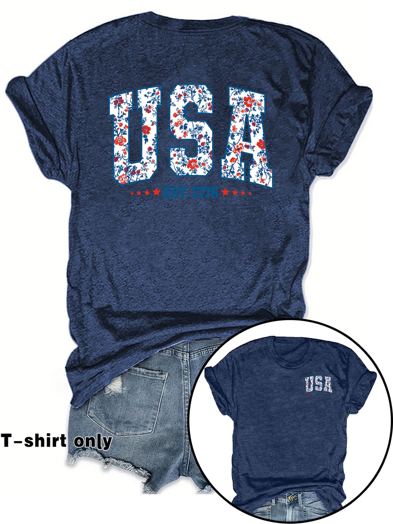 American Flag Casual Short Sleeve T-shirt For Women In Cotton Featuring Printing