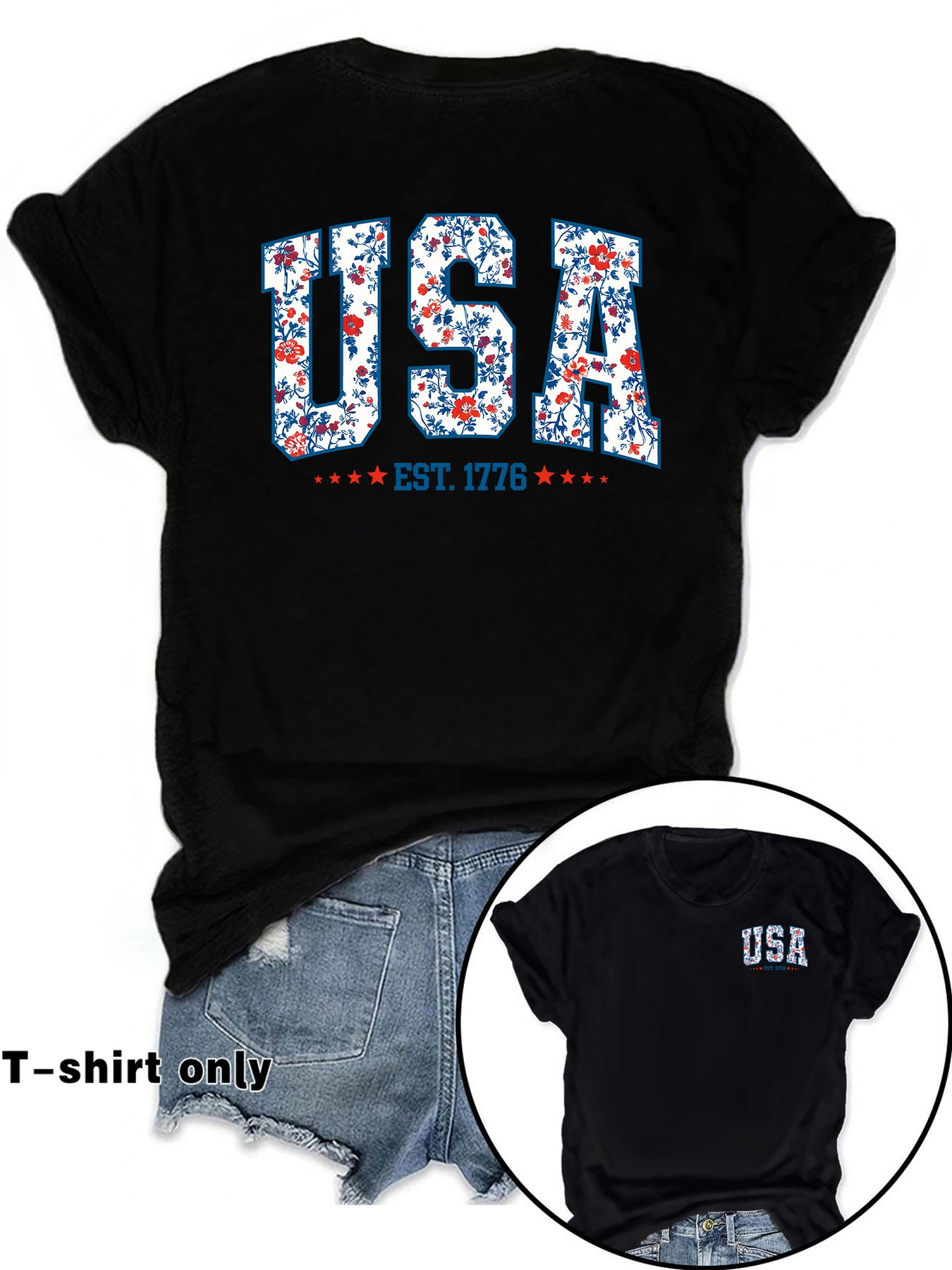American Flag Casual Short Sleeve T-shirt For Women In Cotton Featuring Printing