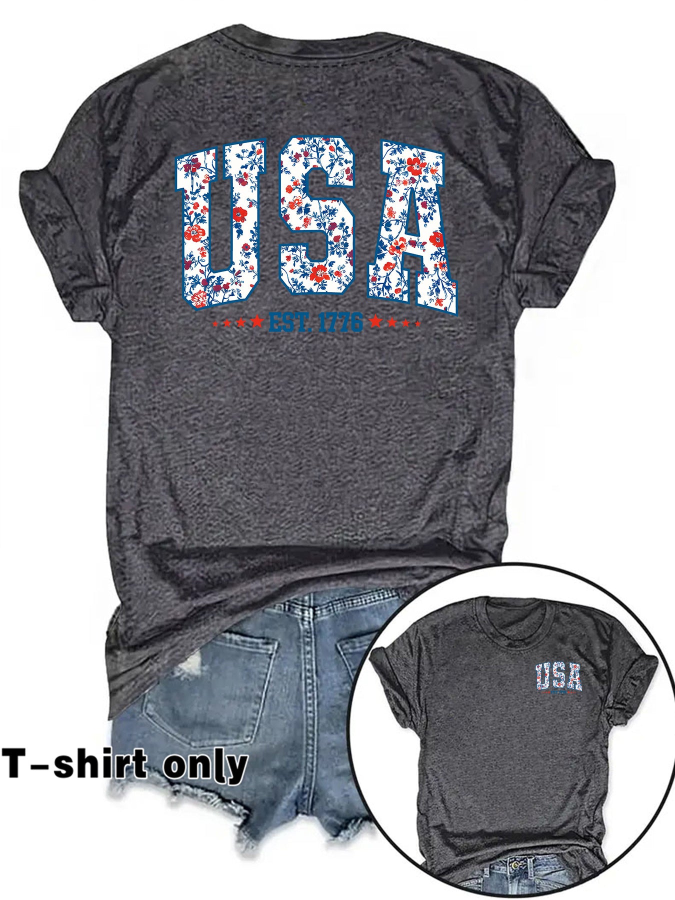 American Flag Casual Short Sleeve T-shirt For Women In Cotton Featuring Printing