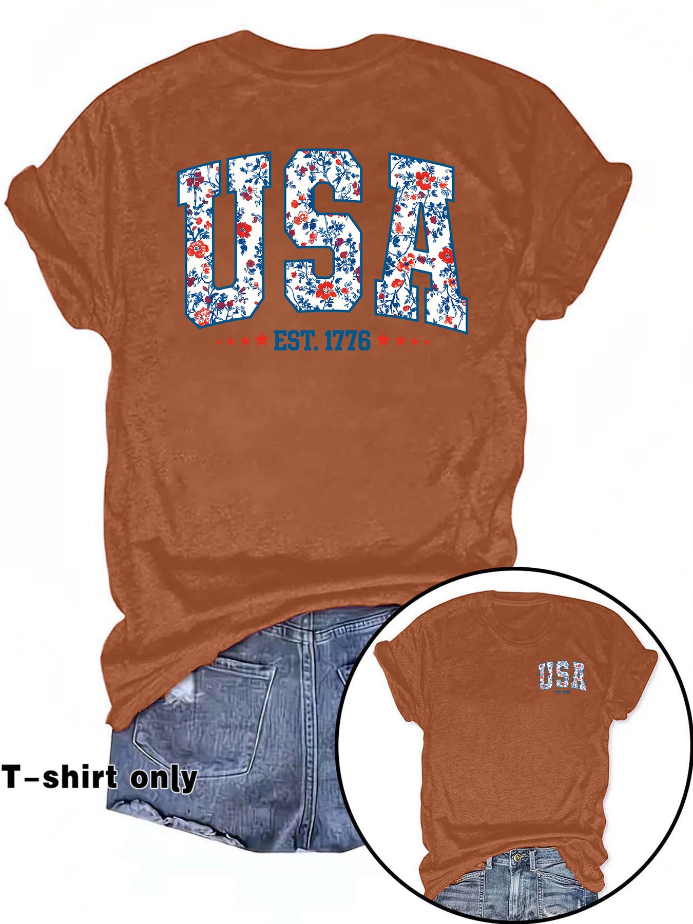 American Flag Casual Short Sleeve T-shirt For Women In Cotton Featuring Printing