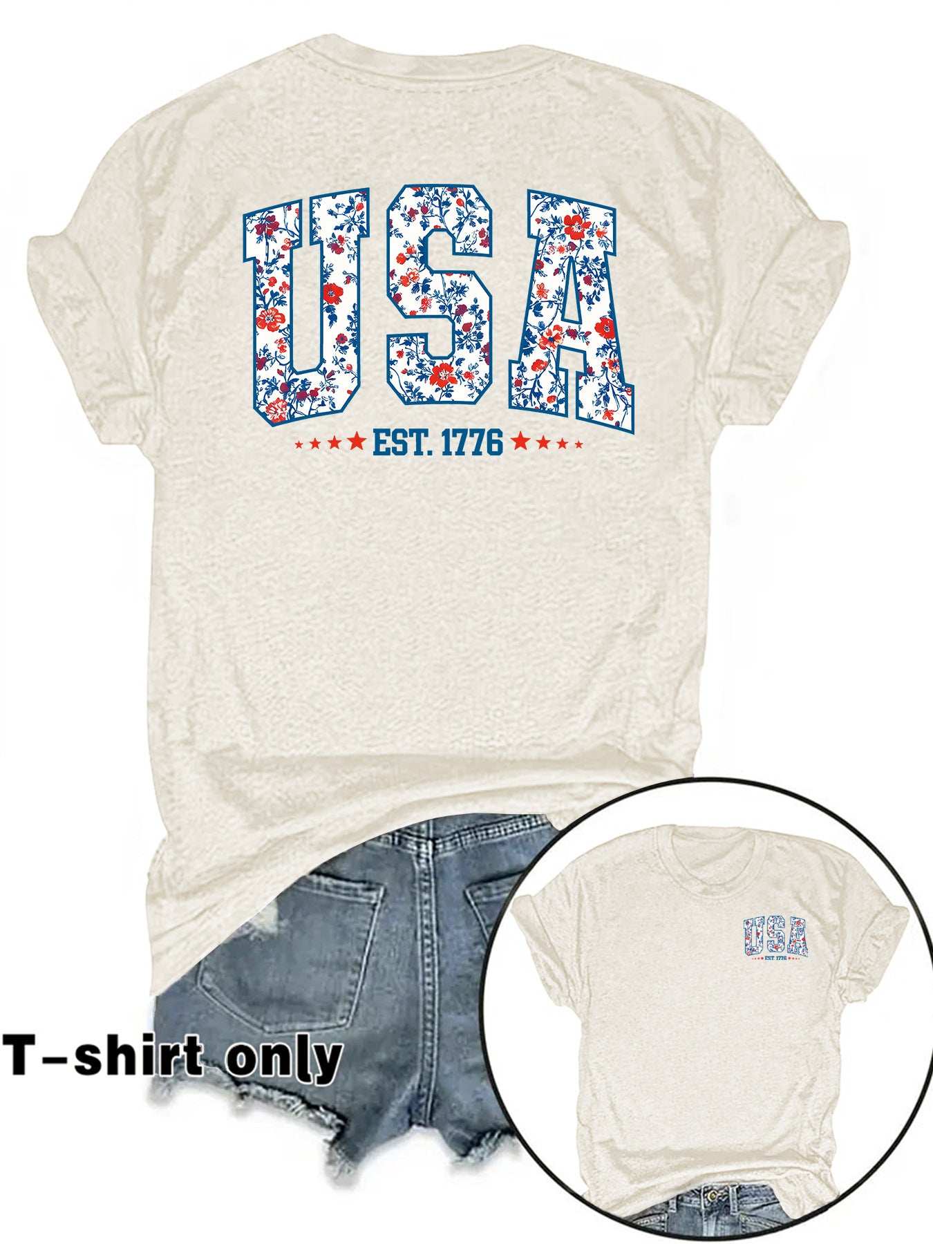American Flag Casual Short Sleeve T-shirt For Women In Cotton Featuring Printing