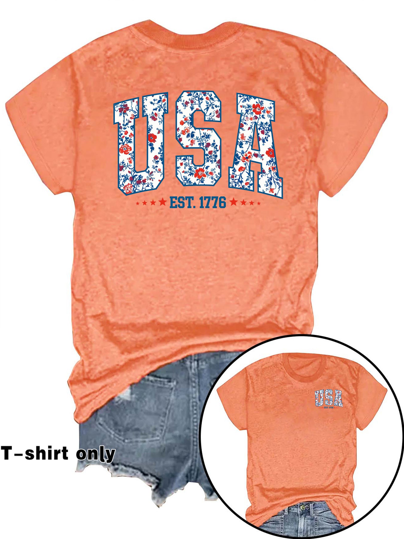 American Flag Casual Short Sleeve T-shirt For Women In Cotton Featuring Printing