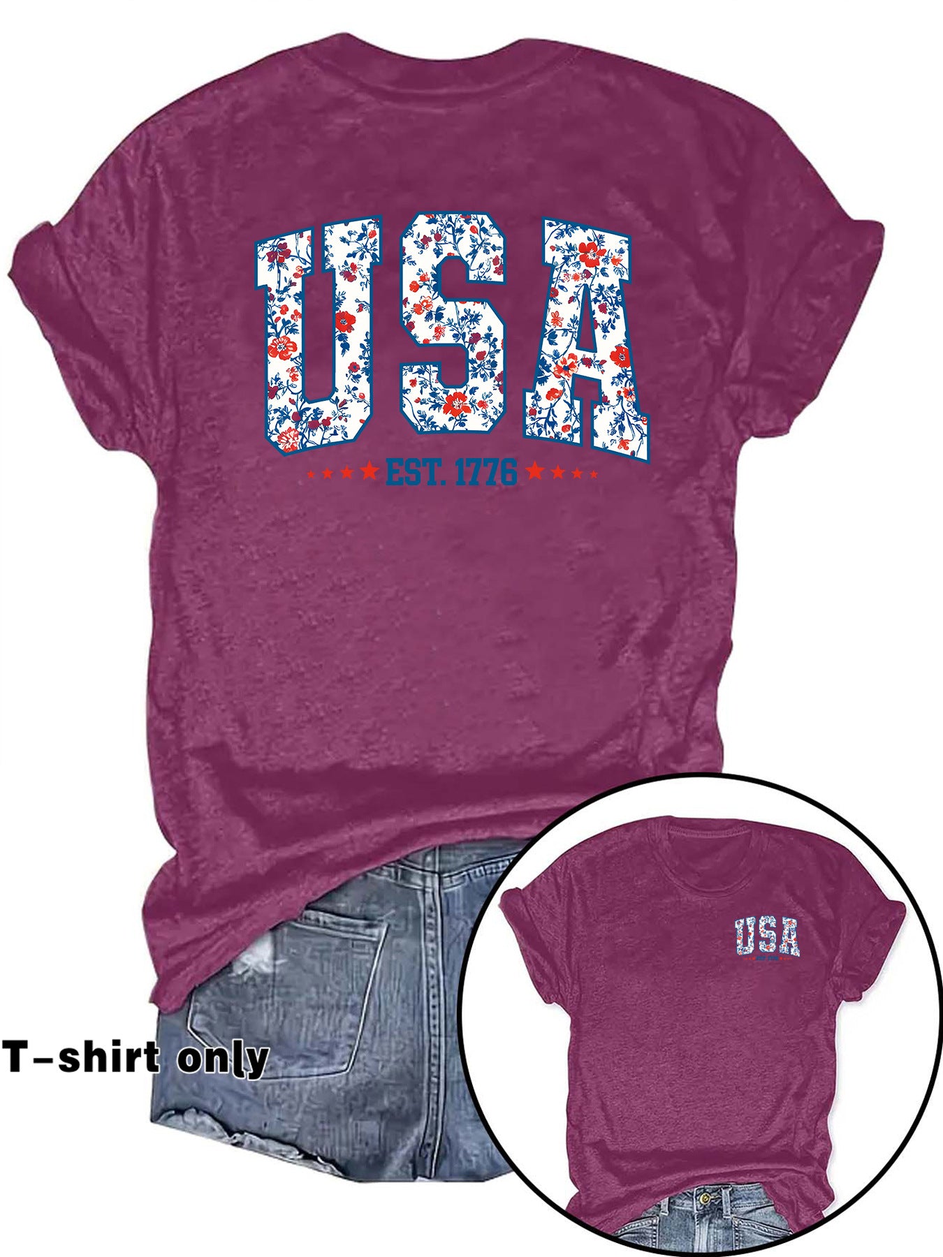 American Flag Casual Short Sleeve T-shirt For Women In Cotton Featuring Printing