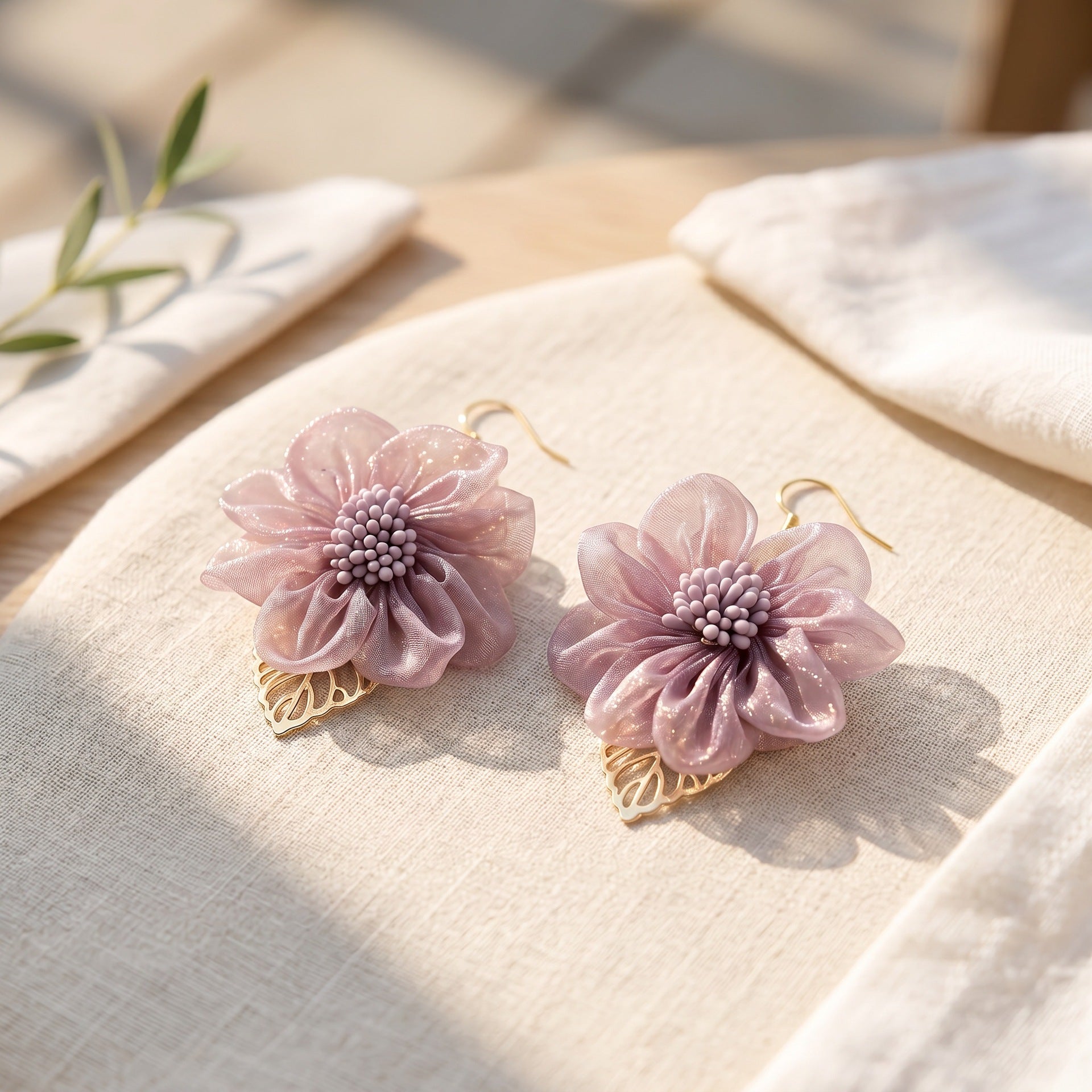 Flowers For Women Cloth Earrings Featuring Electroplated Gold Craft With Iron Ear Pins In Sweet Style