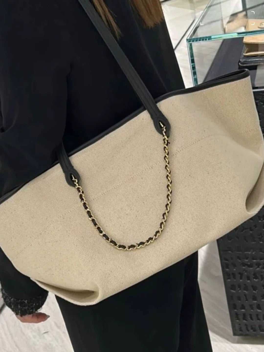 Color Block Square Canvas Tote Bag For Women Featuring Chain Strap, Perfect For  Spring And Summer