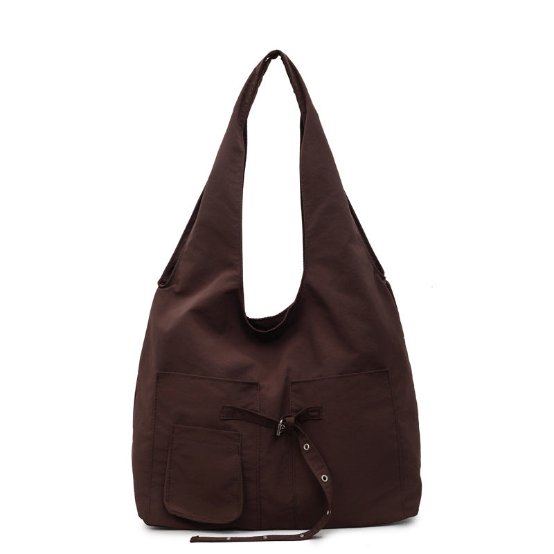 Color Block Dumpling Shape Women Handbag With Sewing Thread Detail And Water Repellent Material, Featuring Top Handle