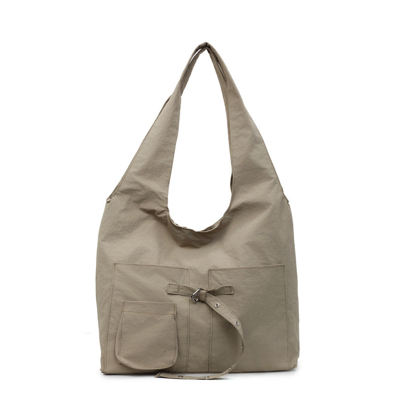 Color Block Dumpling Shape Women Handbag With Sewing Thread Detail And Water Repellent Material, Featuring Top Handle
