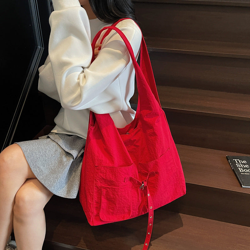 Color Block Dumpling Shape Women Handbag With Sewing Thread Detail And Water Repellent Material, Featuring Top Handle