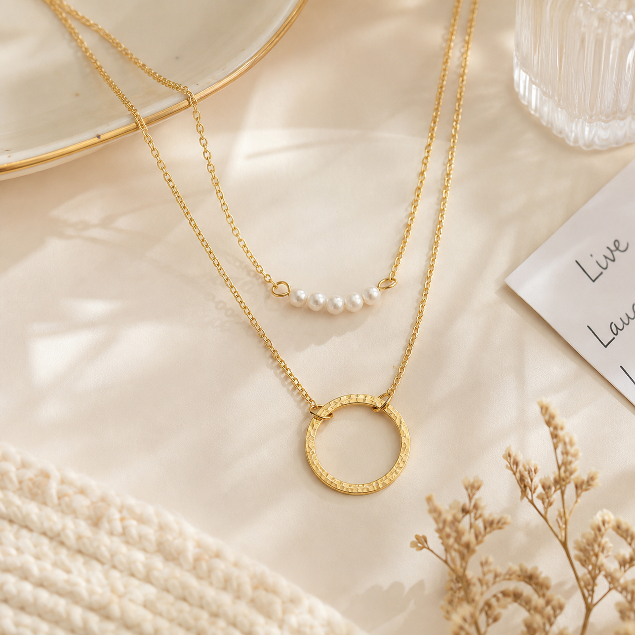 Geometric New Style Unisex Necklace With 14K Real Gold Plated Finish And Imitation Pearl On Cable Chain, Perfect Birthday Gift