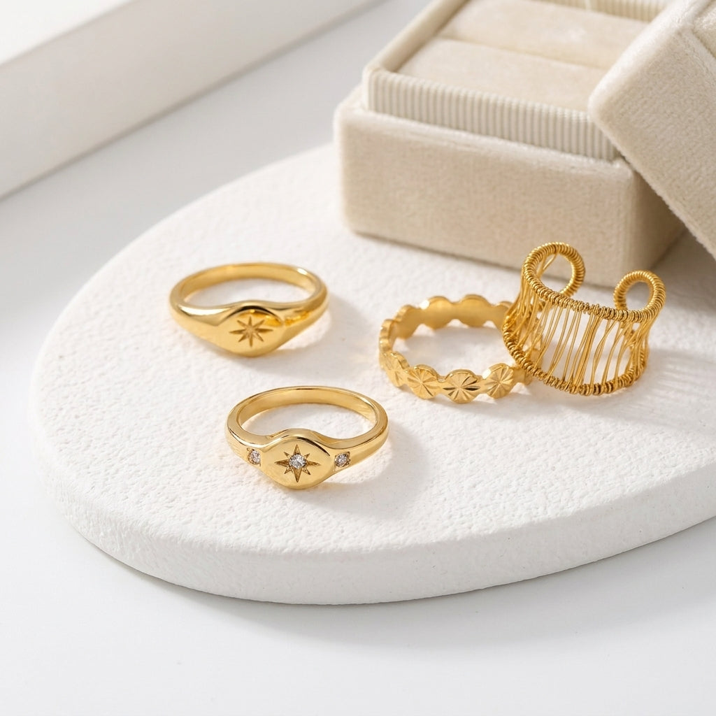 Geometric Electroplated Rings For Women In 304 Stainless Steel With 18K Real Gold PVD Coating And Zircon Inlay