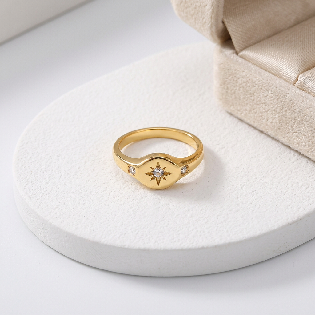 Geometric Electroplated Rings For Women In 304 Stainless Steel With 18K Real Gold PVD Coating And Zircon Inlay