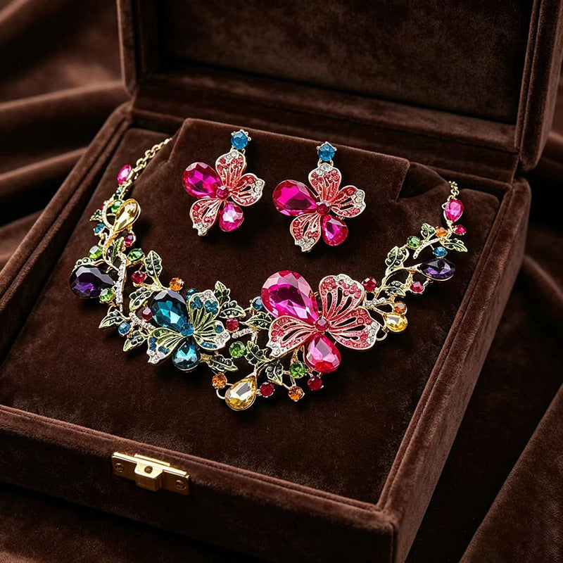 Handmade Rose Jewelry Set For Women In Electroplated Copper With Zircon Inlay