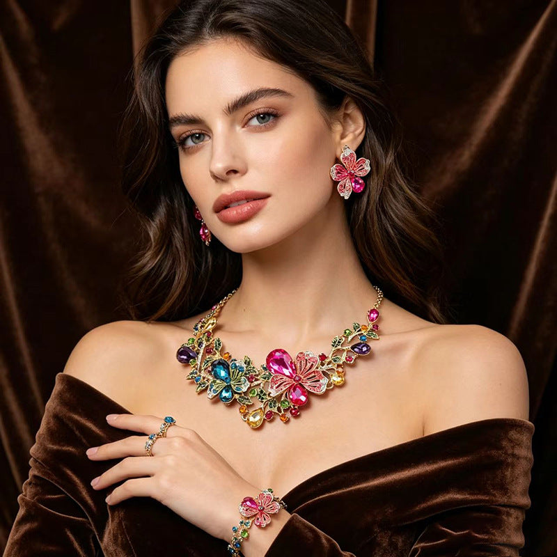 Handmade Rose Jewelry Set For Women In Electroplated Copper With Zircon Inlay