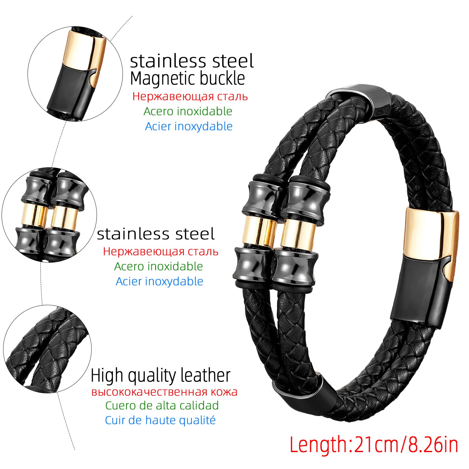 Geometric Punk Multicolor Bangle For Adults Featuring 304 Stainless Steel And Leather Rope Chain With Beading Craft