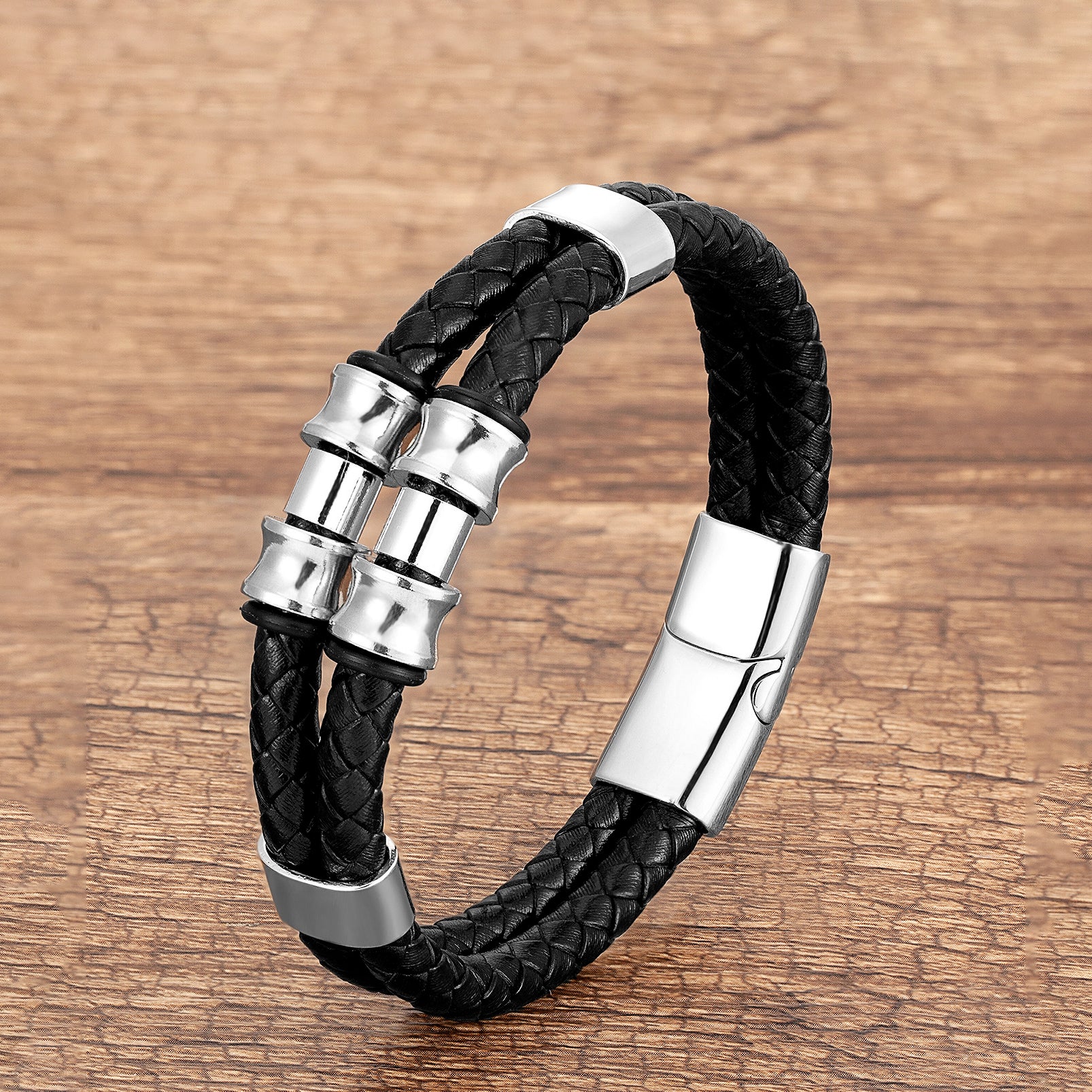Geometric Punk Multicolor Bangle For Adults Featuring 304 Stainless Steel And Leather Rope Chain With Beading Craft