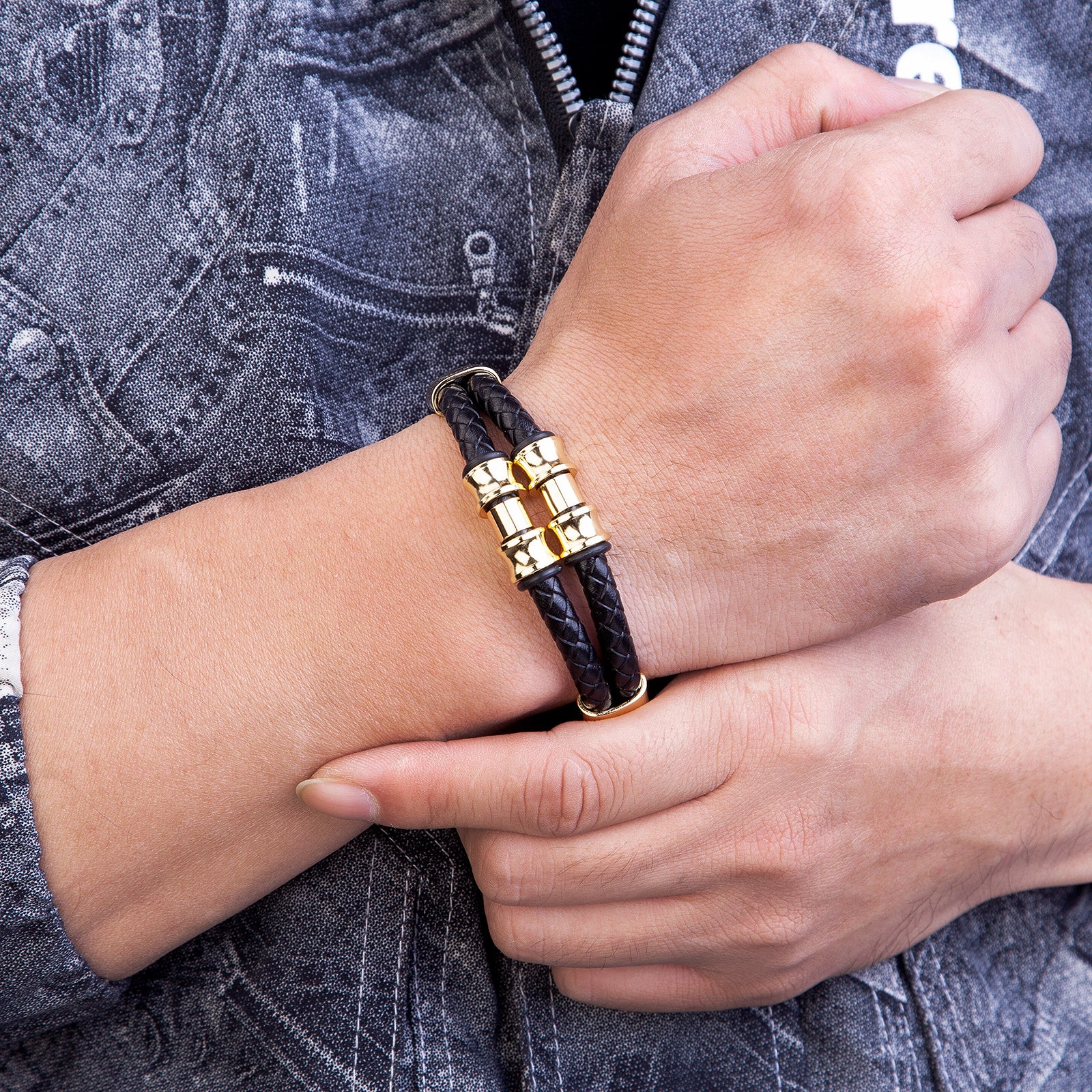 Geometric Punk Multicolor Bangle For Adults Featuring 304 Stainless Steel And Leather Rope Chain With Beading Craft