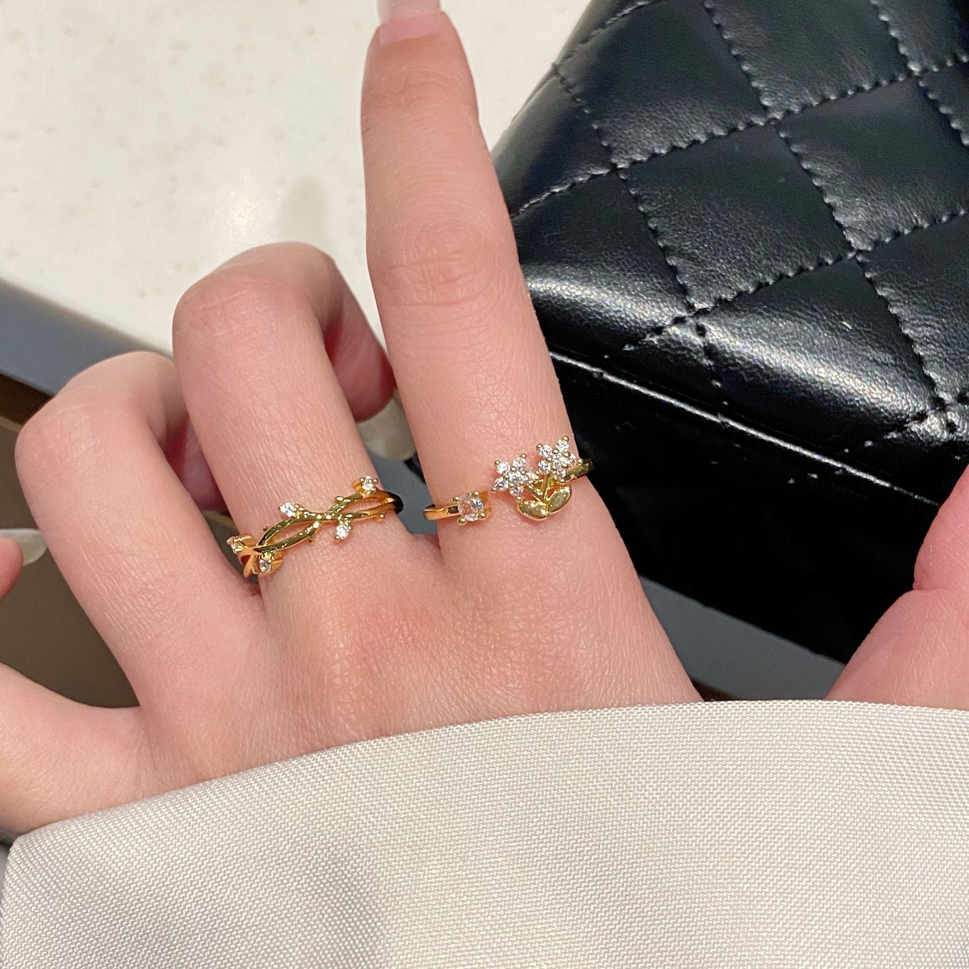 New Style Open Leaf Ring For Women In Electroplated Copper With Zircon Inlay