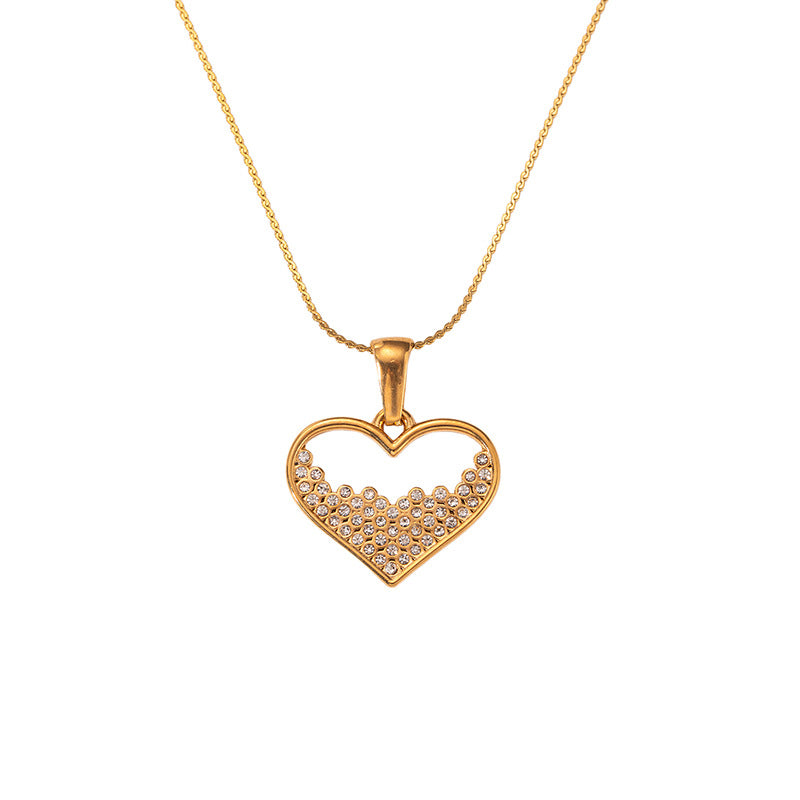 Heart Shape Necklace In IG Style, Waterproof Non Tarnish 304 Stainless Steel With 18K Real Gold PVD Coated And Rhinestones, Snake Chain