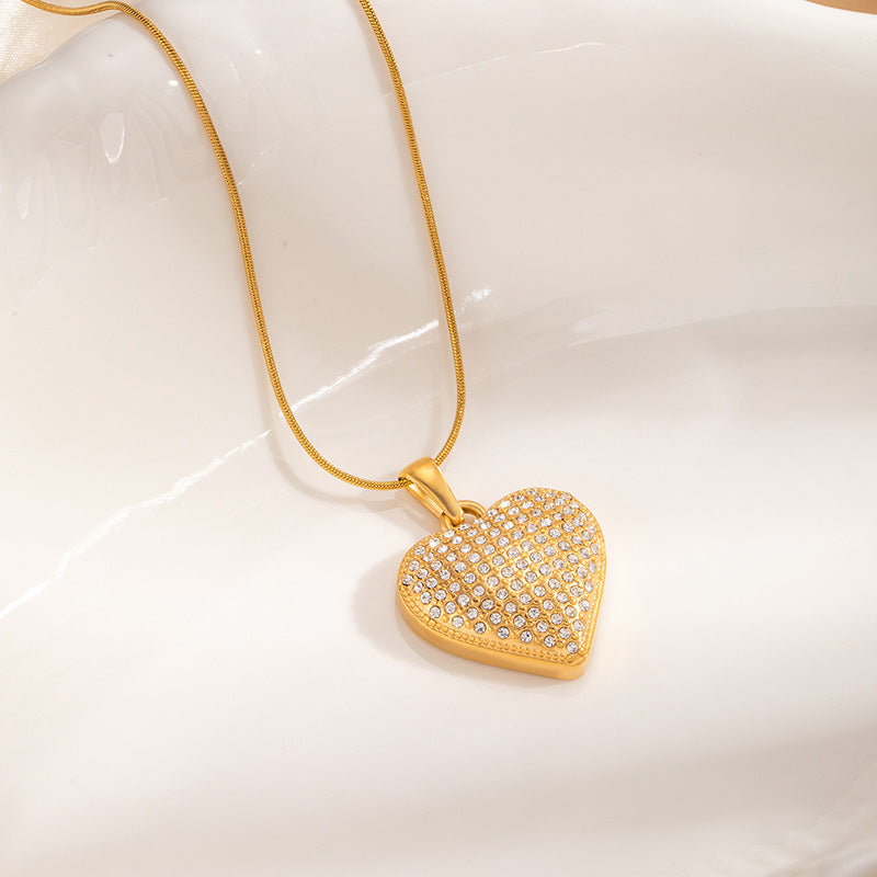 Heart Shape Necklace In IG Style, Waterproof Non Tarnish 304 Stainless Steel With 18K Real Gold PVD Coated And Rhinestones, Snake Chain