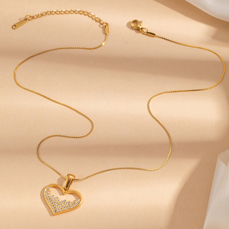 Heart Shape Necklace In IG Style, Waterproof Non Tarnish 304 Stainless Steel With 18K Real Gold PVD Coated And Rhinestones, Snake Chain