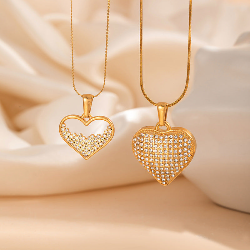 Heart Shape Necklace In IG Style, Waterproof Non Tarnish 304 Stainless Steel With 18K Real Gold PVD Coated And Rhinestones, Snake Chain