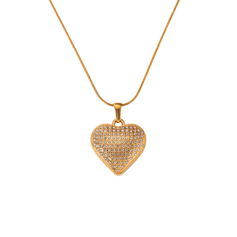 Heart Shape Necklace In IG Style, Waterproof Non Tarnish 304 Stainless Steel With 18K Real Gold PVD Coated And Rhinestones, Snake Chain