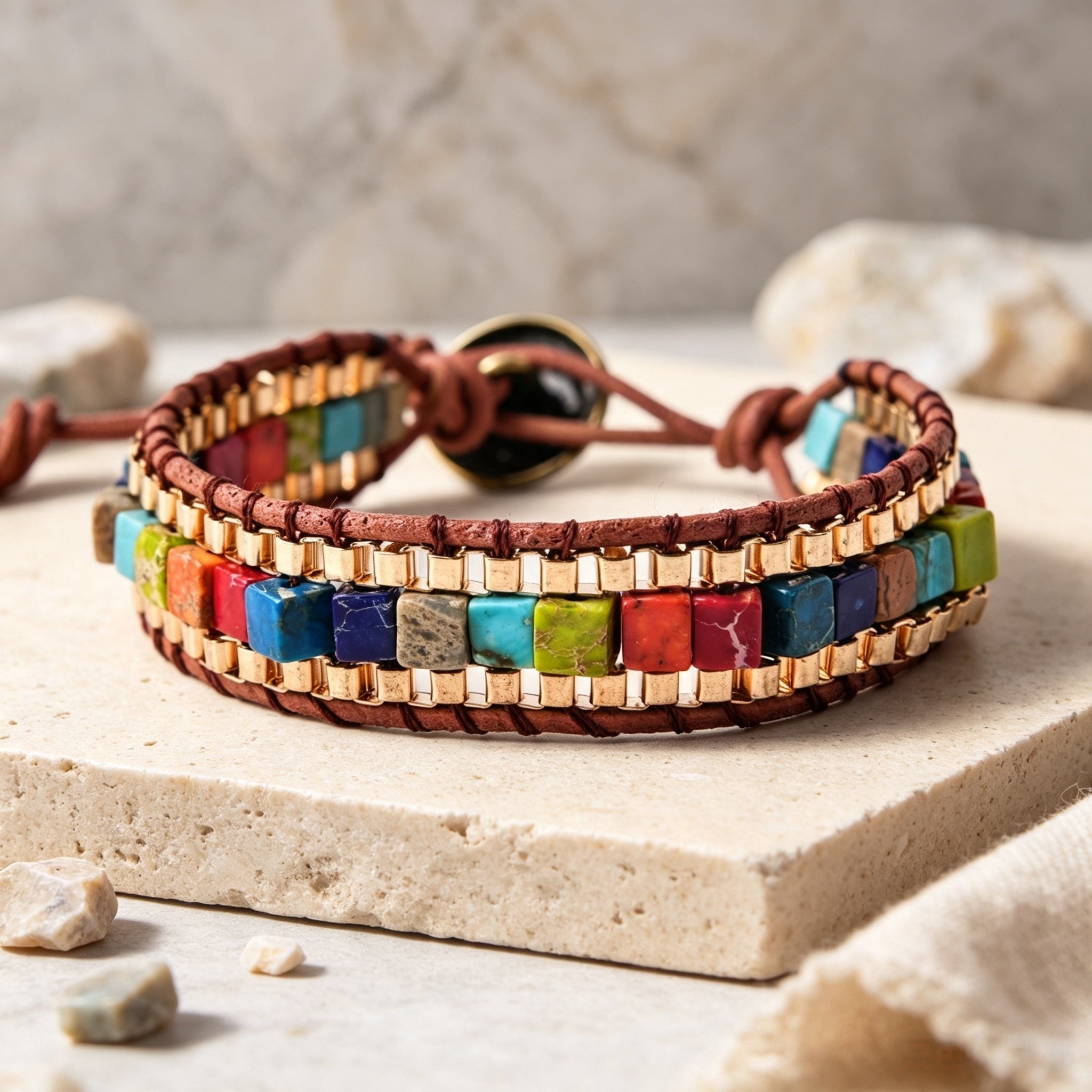 Geometric Braid Natural Stone Bracelets For Adults Featuring 18K Real Gold Plated With 0.01µm Thickness In Bohemian Style