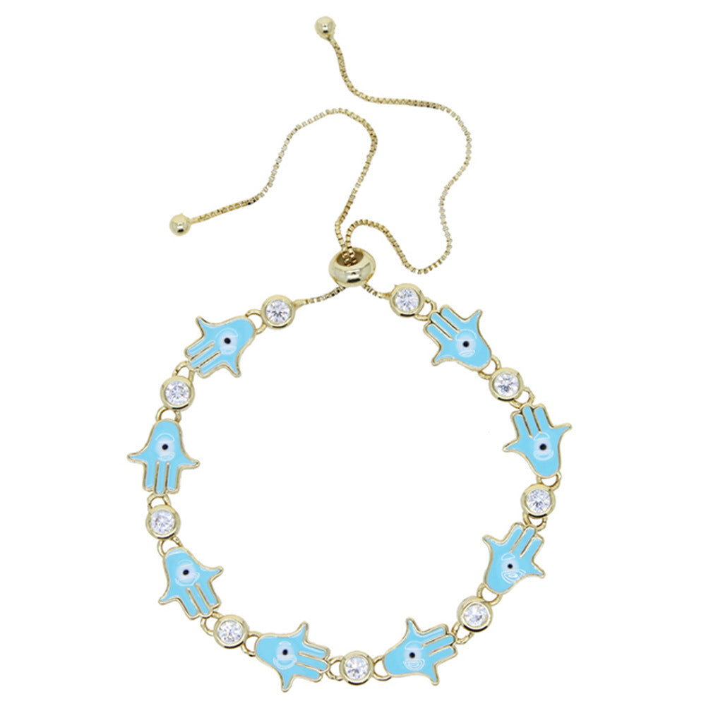 Hand Of Fatima Enamel Copper Bracelet For Women With Zircon Inlay In Gold