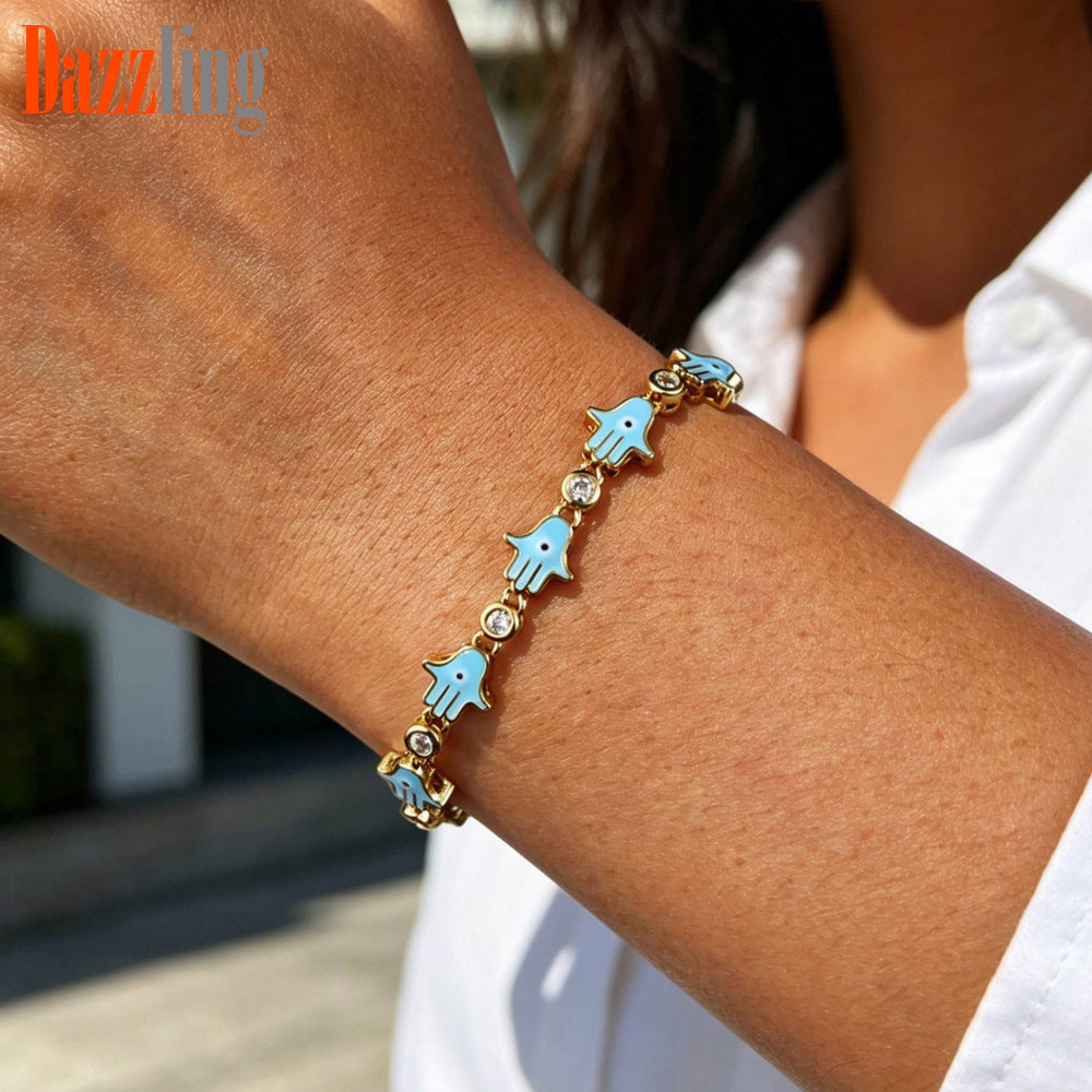 Hand Of Fatima Enamel Copper Bracelet For Women With Zircon Inlay In Gold