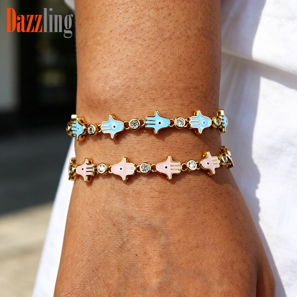 Hand Of Fatima Enamel Copper Bracelet For Women With Zircon Inlay In Gold