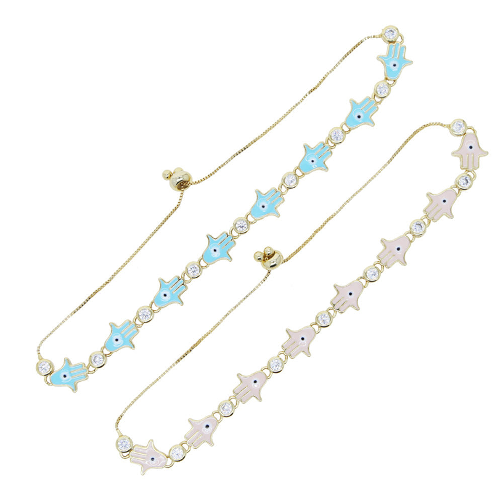 Hand Of Fatima Enamel Copper Bracelet For Women With Zircon Inlay In Gold