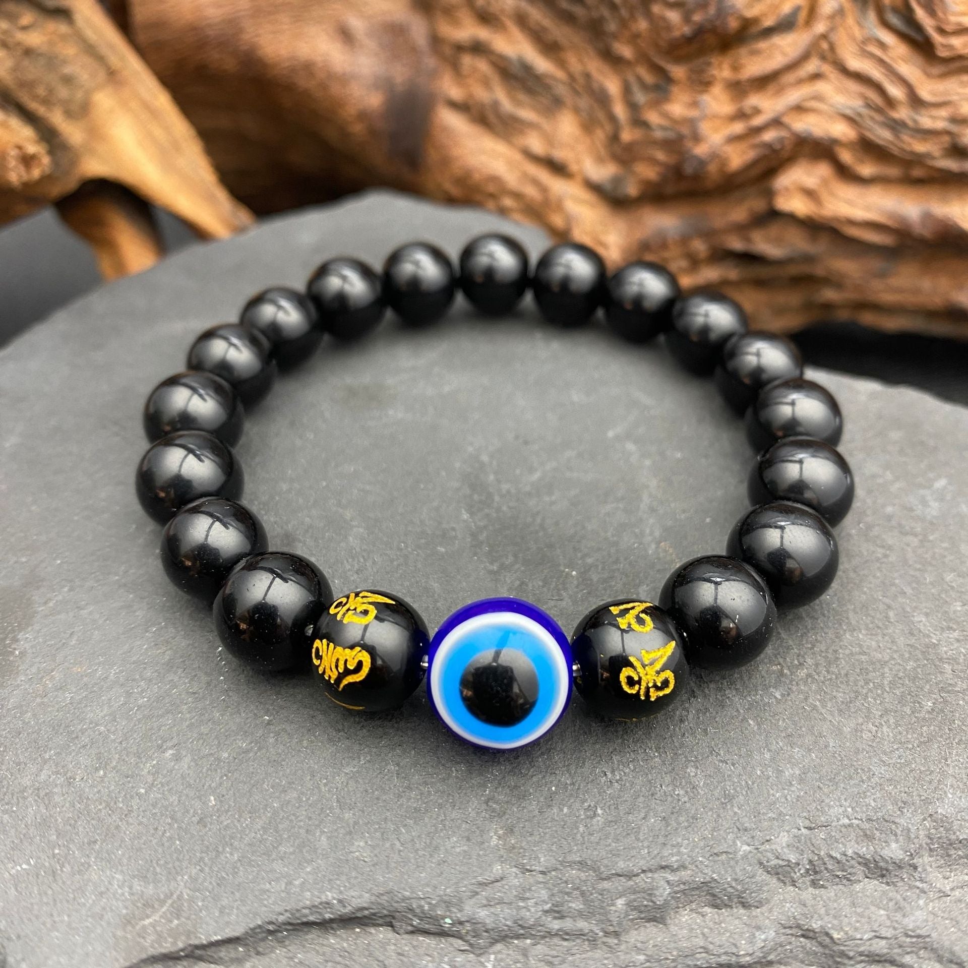 Devil's Eye Beaded Bracelet In Dyed Black Natural Stone, Simple Style Unisex Accessory