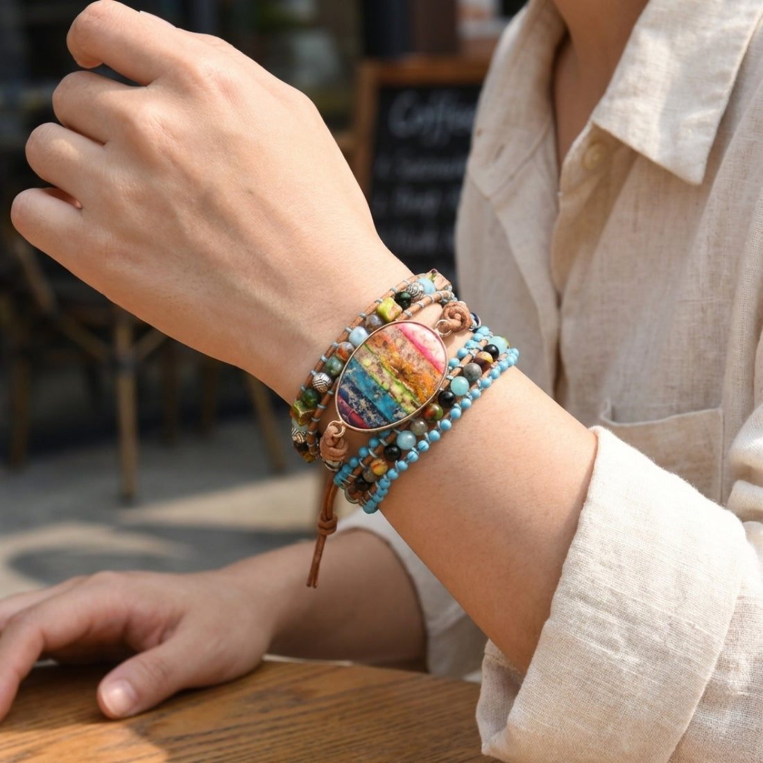 Geometric Braid Bracelets For Adults In Natural Stone With Silver Plated Finish, Ethnic Style Featuring Beaded Chain