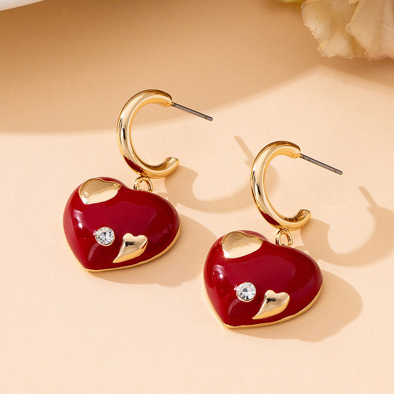 Cute Heart Shape Earrings For Women Featuring Wine Red Enamel And Rhinestones In Alloy