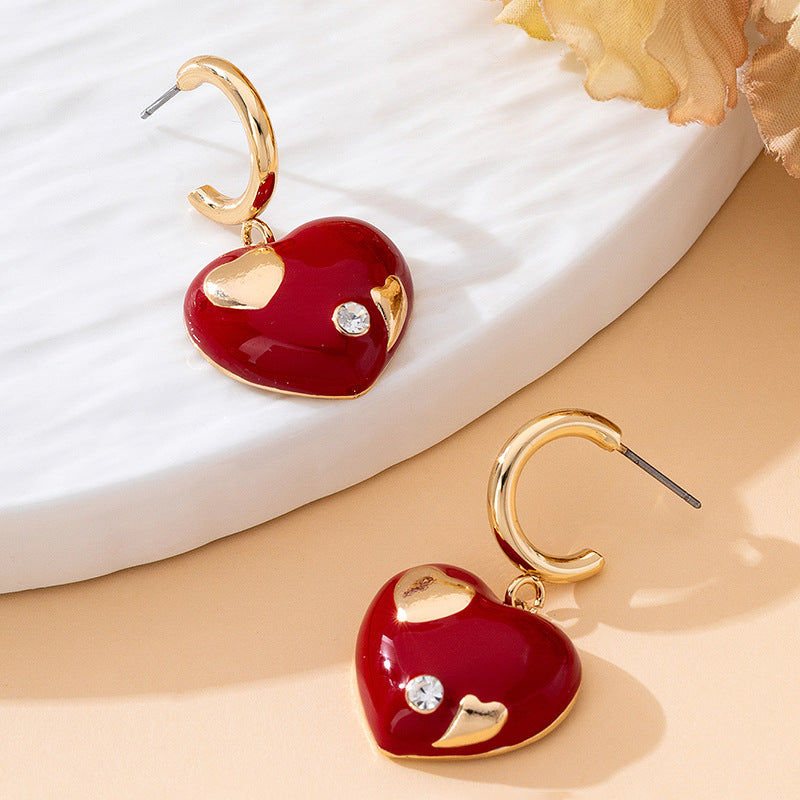 Cute Heart Shape Earrings For Women Featuring Wine Red Enamel And Rhinestones In Alloy