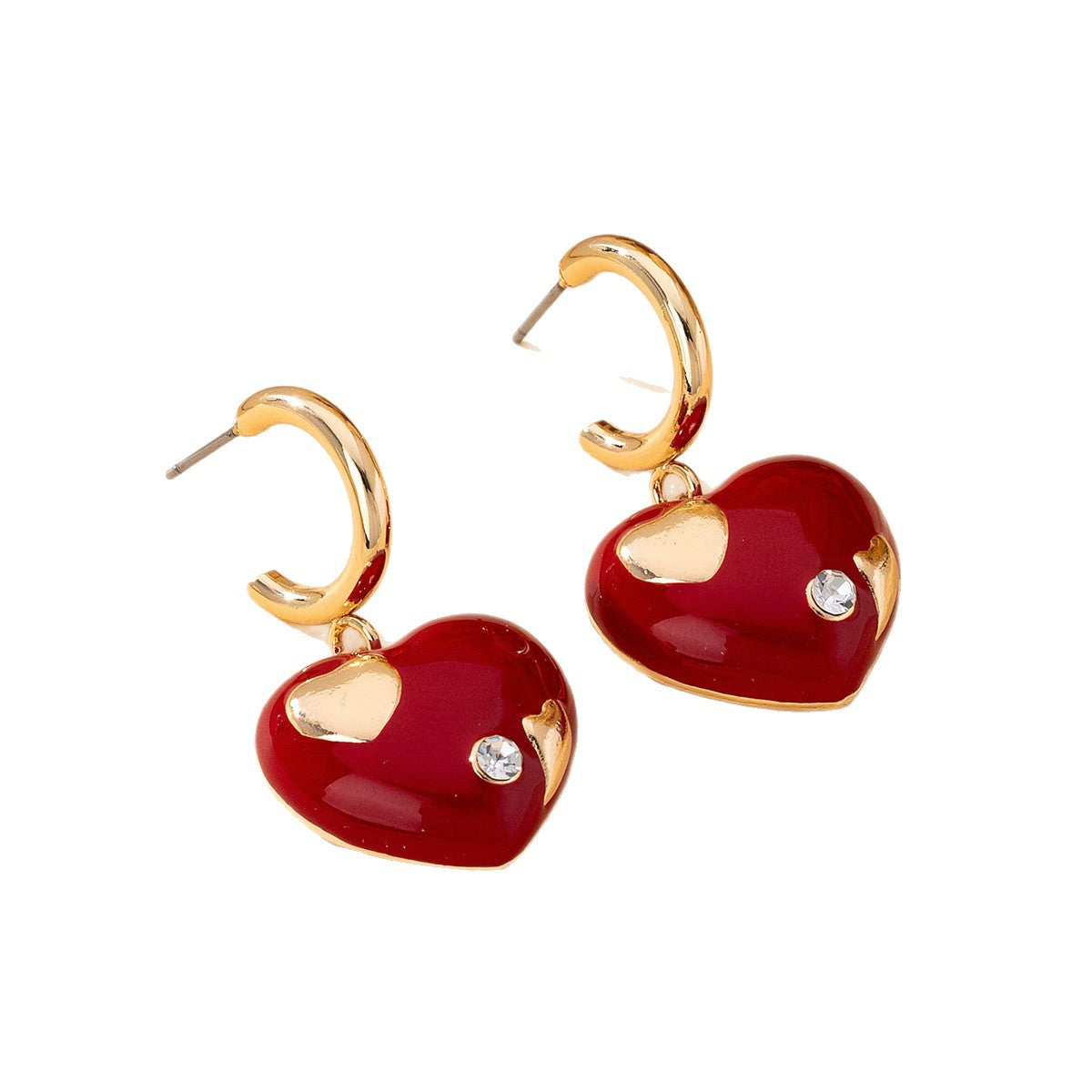 Cute Heart Shape Earrings For Women Featuring Wine Red Enamel And Rhinestones In Alloy