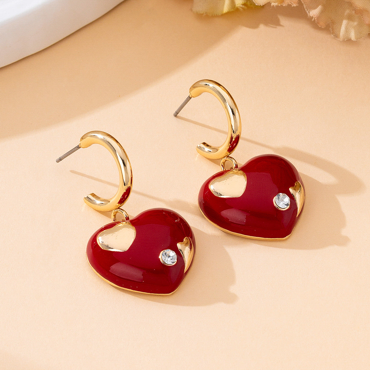Cute Heart Shape Earrings For Women Featuring Wine Red Enamel And Rhinestones In Alloy