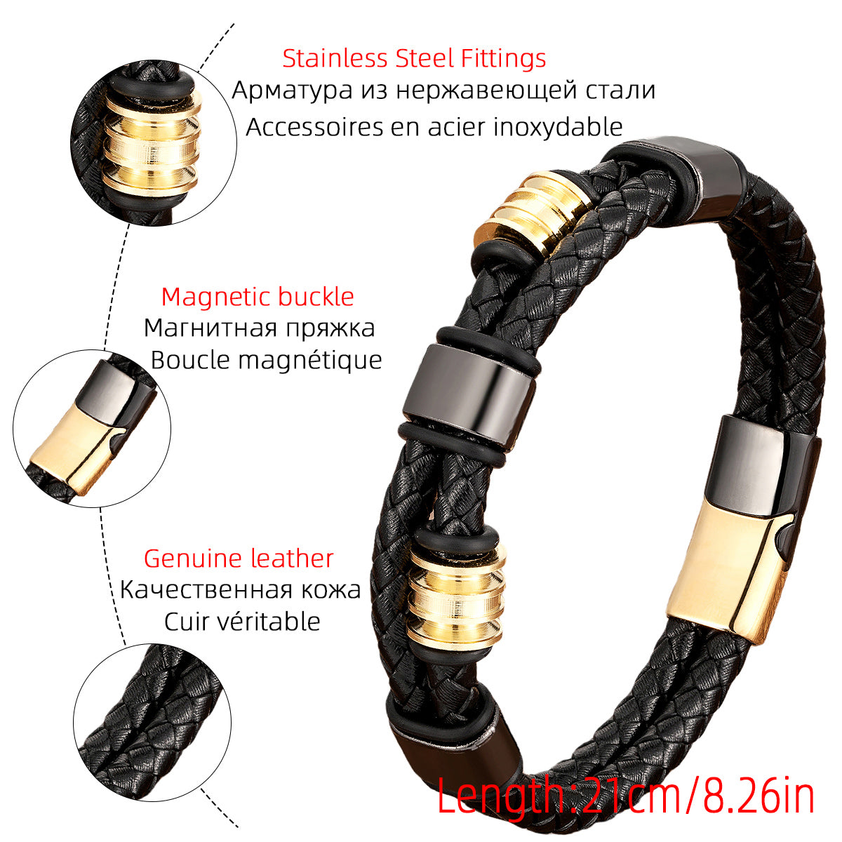 Geometric Punk Bangle Bracelet For Adults Featuring Multicolor Beading And Leather Rope Chain In 304 Stainless Steel