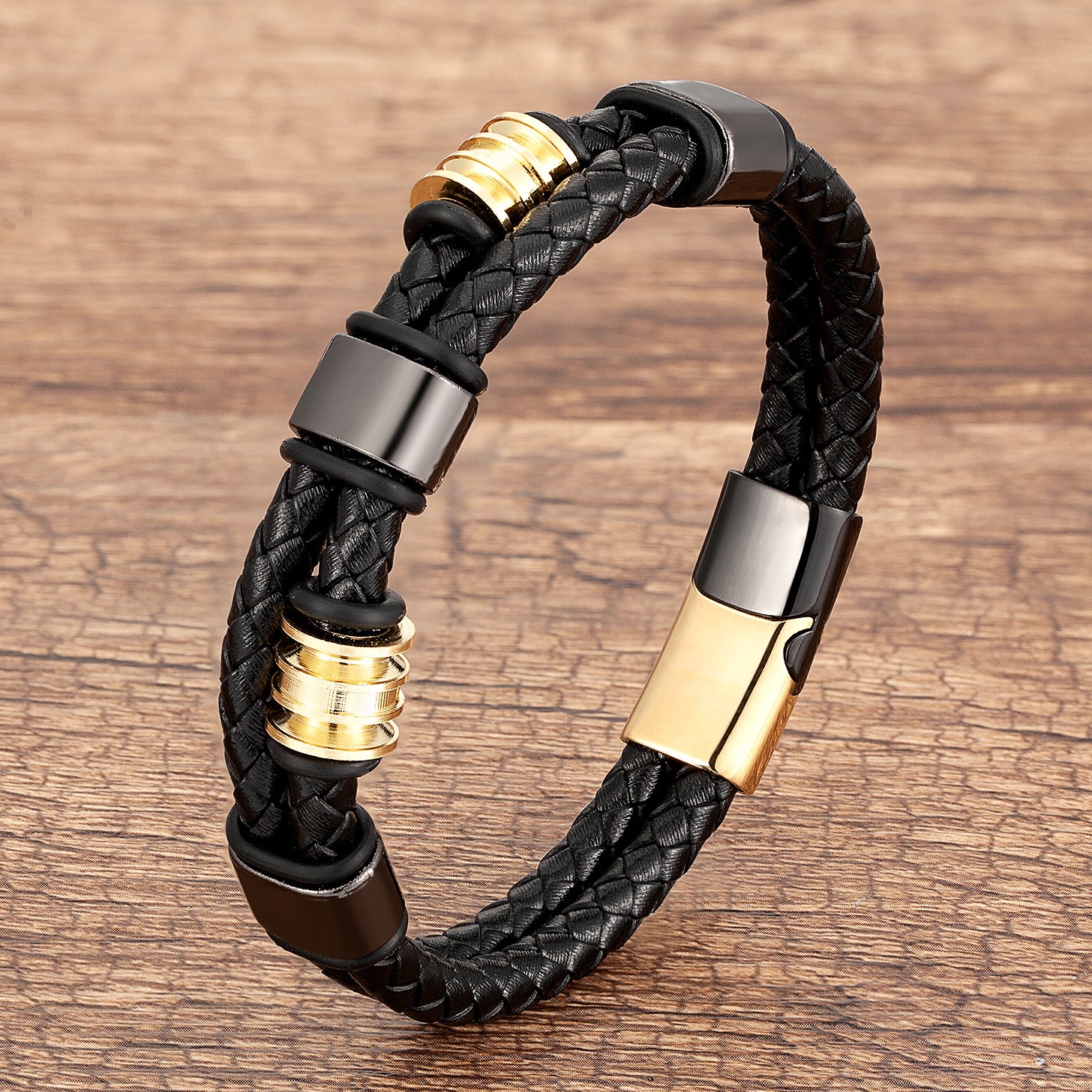 Geometric Punk Bangle Bracelet For Adults Featuring Multicolor Beading And Leather Rope Chain In 304 Stainless Steel